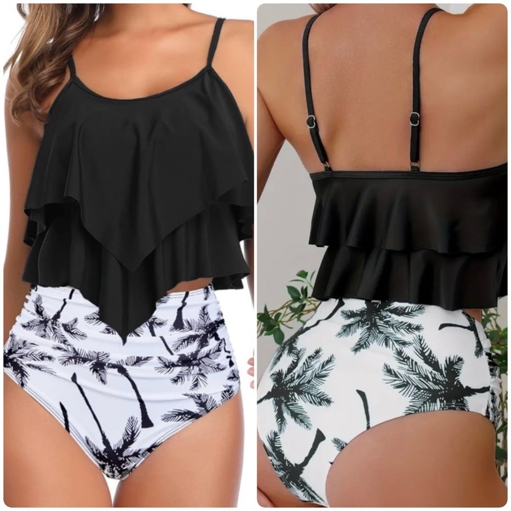 Palm Tree Ruffled High Waisted Tummy Control Tankini Set
